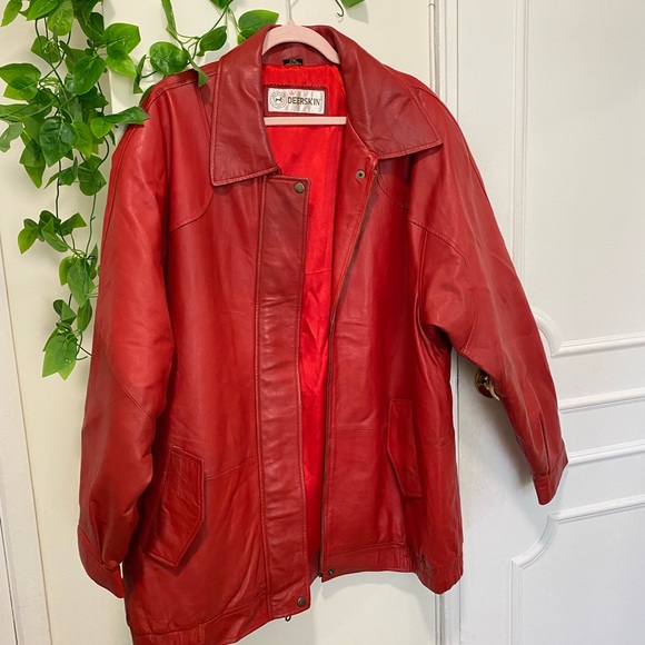 Red oversized leather coat